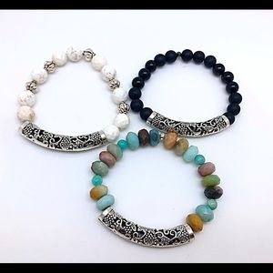 Silver Curved Bar Gemstone Bead Bracelets NWT